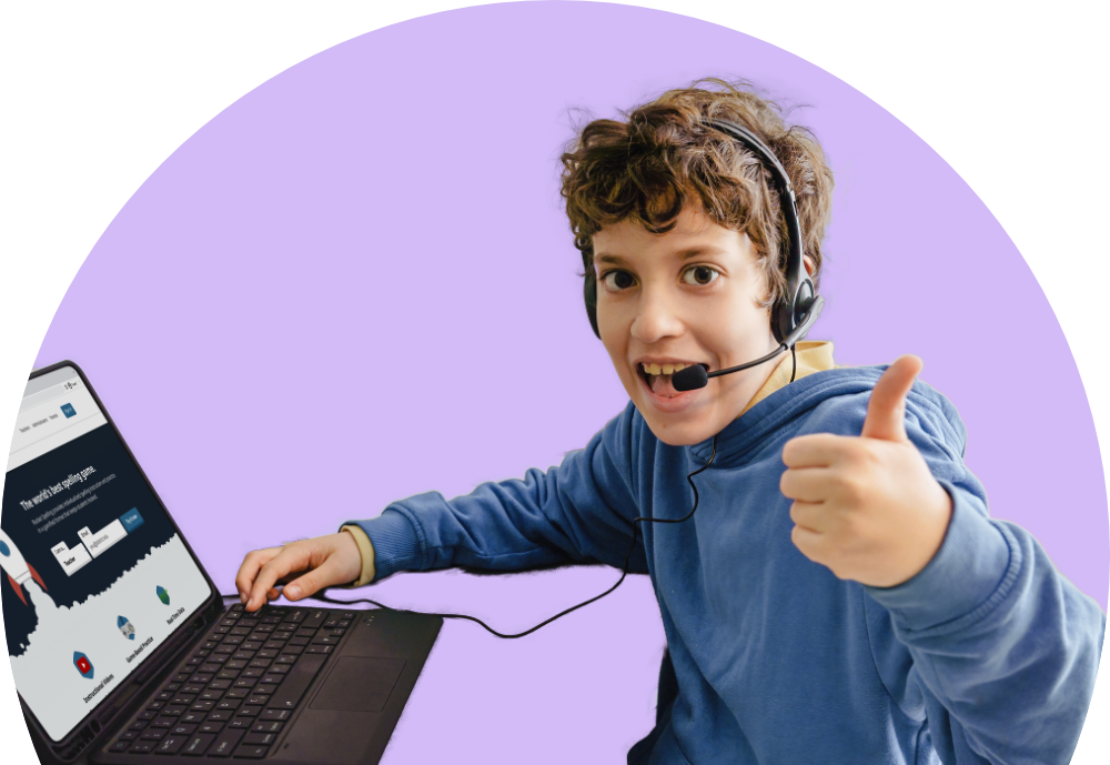 A student playing Rocket Spelling and giving a thumbs up